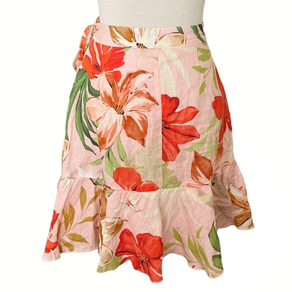 Zara Linen Wrap Mini Skirt Ruffle Tropical Palm Floral Lily Pink S - Picture 5 of 7